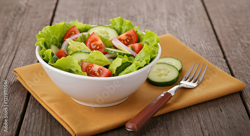 Salad with Lettuce, Tomatoes, and Cucumbers on Wooden Table

