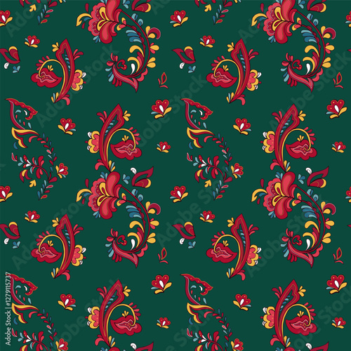 Seamless vector pattern with norwegian folk ornament. Rosemaling style. Hand drawn illustration. Background for greeting card, website, printing on fabric, gift wrap, postcard and wallpapers. 