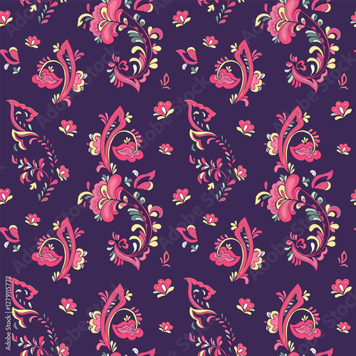 Seamless vector pattern with norwegian folk ornament. Rosemaling style. Hand drawn illustration. Background for greeting card, website, printing on fabric, gift wrap, postcard and wallpapers. 