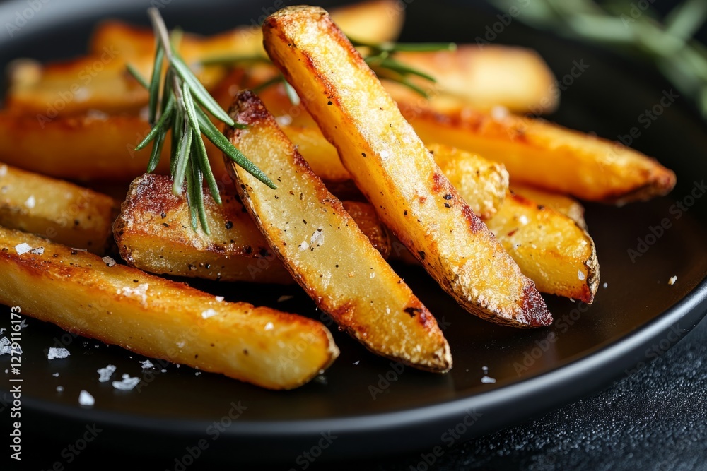 Delicious golden french fries seasoned with sea salt and rosemary, creating a tempting appetizer or side dish Delicious golden french fries seasoned with sea salt and rosemary, creating a tempting appetizer or side dish