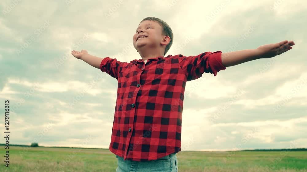 Child plays in park against sky. Happy family. Little boy prays against background of sky and sun. Child raised his hands to sky in park at sunset, true faith. Religion and god, childhood dreams. Child plays in park against sky. Happy family. Little boy prays against background of sky and sun. Child raised his hands to sky in park at sunset, true faith. Religion and god, childhood dreams.