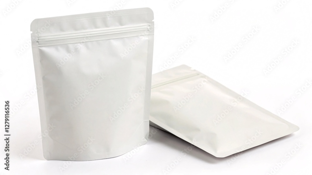 roduct Packaging: Two White Stand-Up Pouches on White Background roduct Packaging: Two White Stand-Up Pouches on White Background