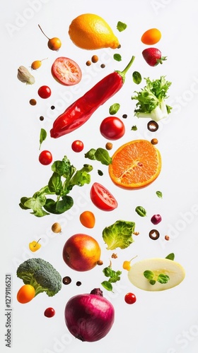 Fototapeta Naklejka Na Ścianę i Meble -  Different fresh fruits and vegetables in air on white background