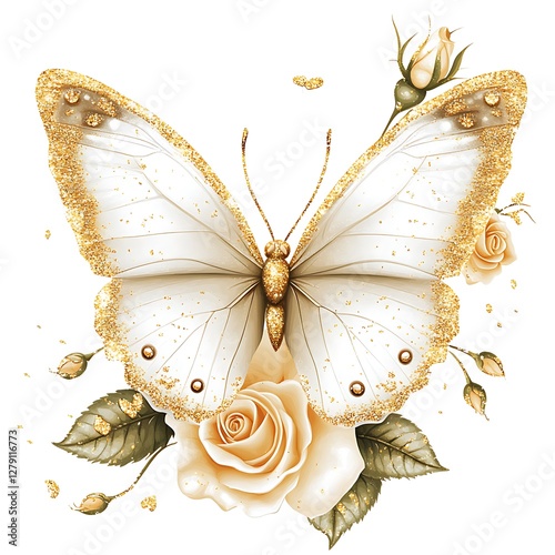 there is a butterfly with gold wings and a rose on a white background
