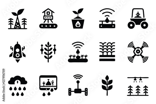 Design a vibrant icon pack representing smart agriculture and Agritech, featuring futuristic farming technology elements.