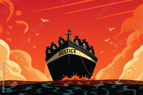 A dramatic illustration of a sinking ship named "Justice Weig," depicting the concept of failing justice system.