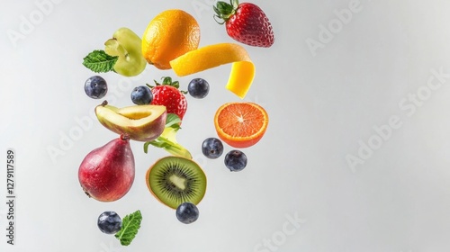 Different fresh fruits and vegetables in air on white background