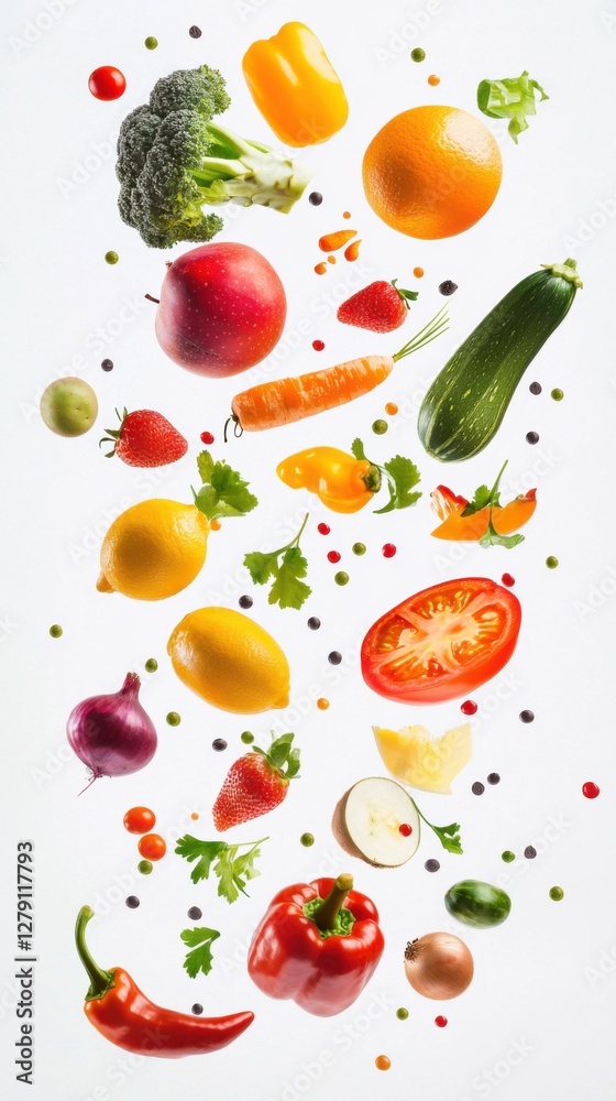 Different fresh fruits and vegetables in air on white background Different fresh fruits and vegetables in air on white background