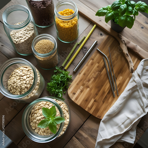 The soft, bright natural lighting highlights the textures of wood, glass, and fabric, creating a warm and inviting visual. This image perfectly represents an eco-friendly lifestyle, 