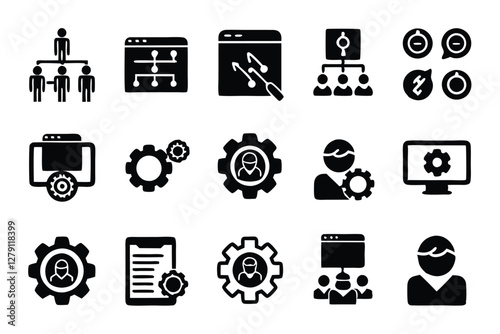Design a vibrant icon pack showcasing 15 agile software development methodologies.  Icons should be professional, modern, and easily understandable.