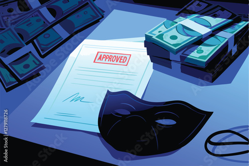 A cluttered office desk overflowing with stacks of cash, important documents, and various stamps, suggesting a busy, possibly illicit, business operation.
