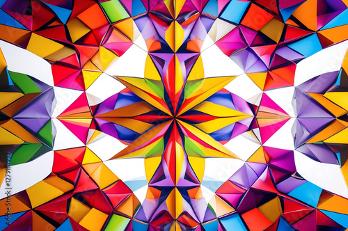 Vibrant Kaleidoscopic Digital Artwork with Symmetrical Geometric Patterns, Radiating Star Design, and a Dynamic Blend of Bright Colors Creating Depth, Movement, and Visual Impact