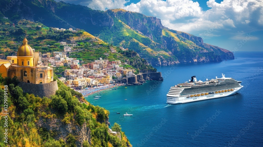 Naklejka premium A majestic cruise ship sails through the ocean, approaching a quaint coastal town, showcasing a blend of leisure and scenic beauty.