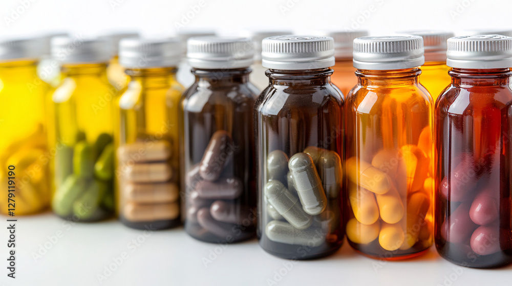 Glass bottles filled with colorful capsules and tablets are lined up in a row against a white background
Glass bottles filled with colorful capsules and tablets are lined up in a row against a white background