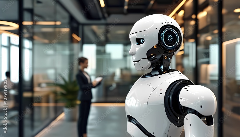 A humanoid robot stands in a sleek office environment, surrounded by contemporary furniture. A humanoid robot stands in a sleek office environment, surrounded by contemporary furniture.
