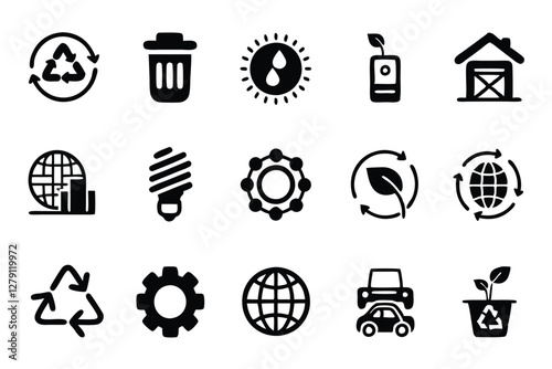 Design 15 icons representing sustainable technology within a circular economy.  Focus on clean, modern aesthetics.