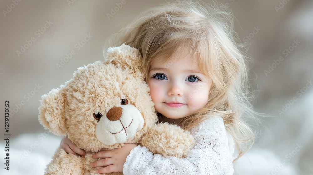 Toddler girl hugging teddy bear, indoor studio Toddler girl hugging teddy bear, indoor studio