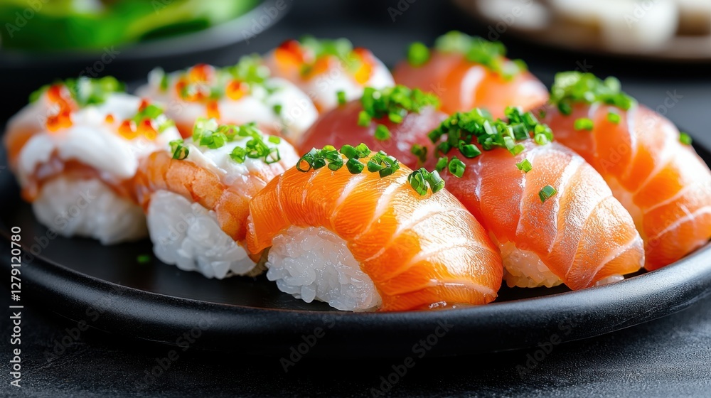 Fresh Sushi Arrangement on a Dark Plate Fresh Sushi Arrangement on a Dark Plate