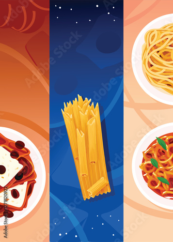 Create a vibrant vector banner showcasing delicious spaghetti and lasagna, emphasizing Italian culinary tradition.  Include realistic textures and appetizing colors.