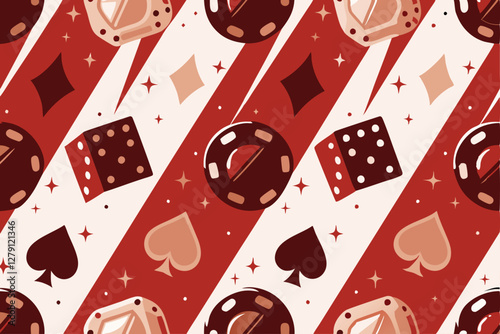 Design a repeating pattern featuring stylized casino elements playing cards (spades), dice, poker chips, and roulette wheels.  Aim for a high-contrast, bold aesthetic.