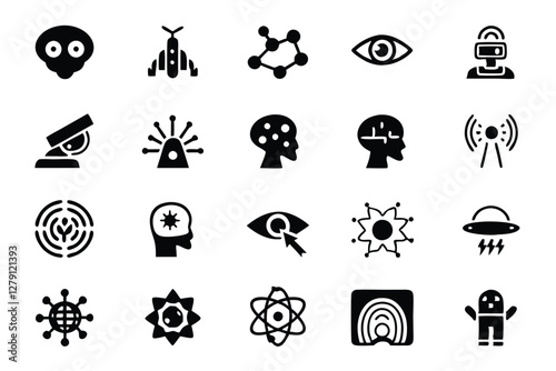 Design 15 futuristic, minimalist icons representing theoretical time travel technology.  Include elements like chronometers, wormholes, and temporal paradoxes.