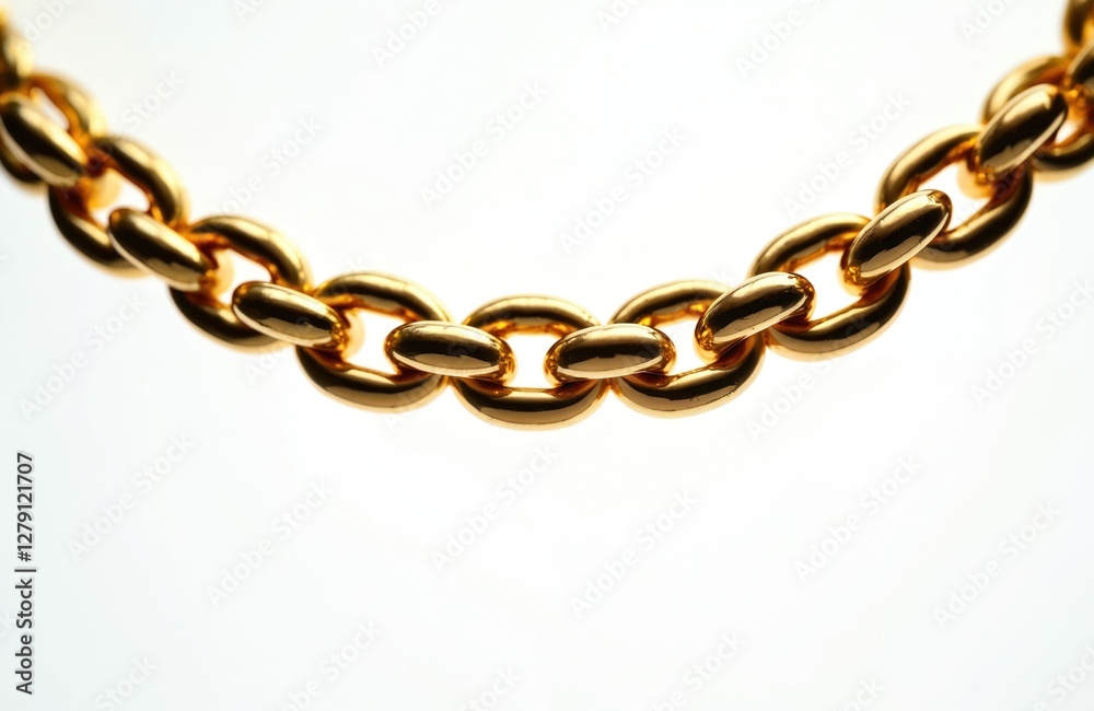 Obraz premium Close-up of golden chain isolated on white background. Shiny metal fashion element. Luxury yellow gold jewelry chain, decorative accessory, border with oval links.