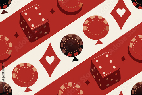 Design a seamless repeating pattern featuring playing card suits (spades, diamonds, clubs, hearts), dice, poker chips, and roulette wheels in a vibrant casino theme.