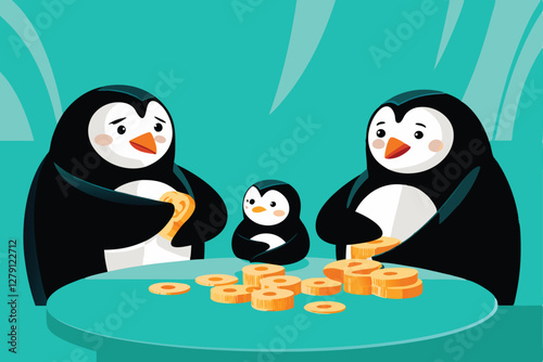 A comical illustration of a penguin family meticulously planning their budget, using coins and a tiny budget book.  Show expressions of concern and careful consideration.