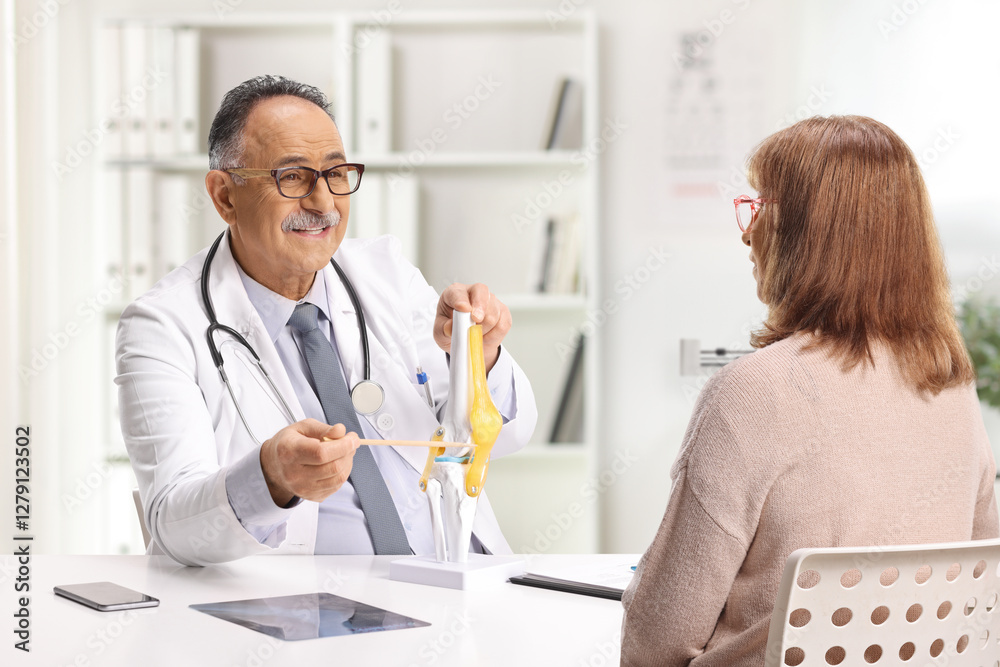 Fototapeta premium Doctor explaining a knee surgery procedure to a mature female patient