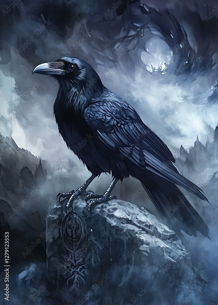 Fototapeta premium there is a black bird sitting on a rock in the dark