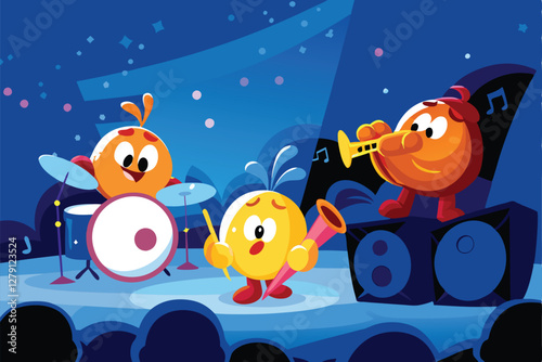 Create a vibrant cartoon illustration depicting playful animated characters engaged in a whimsical, fun activity.  Focus on expressive characters and bright, saturated colors.