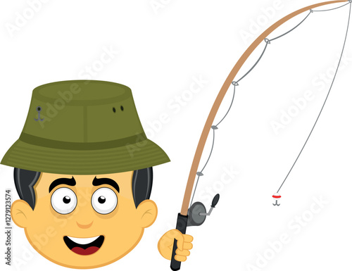 vector illustration yellow emoji character male, with a fisher hat and a fishing rod