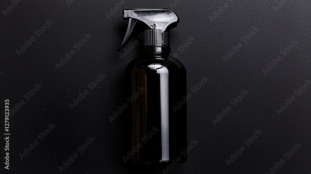black spray bottle with a glossy surface, placed centrally against a black background, emphasizing its elegant, professional look with copy space for text or branding. black spray bottle, glossy black spray bottle with a glossy surface, placed centrally against a black background, emphasizing its elegant, professional look with copy space for text or branding. black spray bottle, glossy