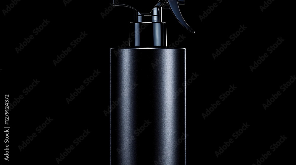 black spray bottle with a matte finish and a visible spray nozzle, placed on a black background, highlighting its modern, functional design. black spray bottle, matte finish, spray nozzle, black 