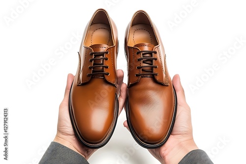 Hand holding leather shoes isolated on a white background