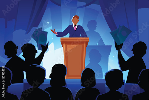A powerful politician delivers a fervent speech, a shadowy figure lurking ominously in the background, creating a sense of political intrigue and hidden agendas.