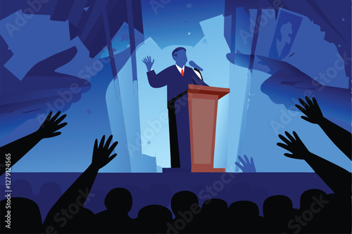 A powerful politician delivers a passionate speech, a shadowy figure lurks ominously in the background, hinting at hidden agendas.