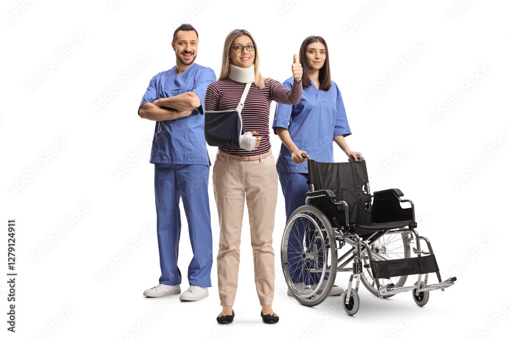 Female patient recovering from surgery and gesturing thumbs up with a team of doctors Female patient recovering from surgery and gesturing thumbs up with a team of doctors