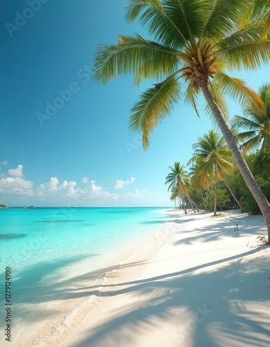 Sandy beach with turquoise water  palm trees and blue sky. Tropical island vacation. Landscape of exotic paradise beach with palms and calm sea lagoon. Travel  relax and nature background.