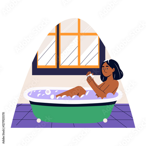 A flat illustration of a girl taking bubble bath