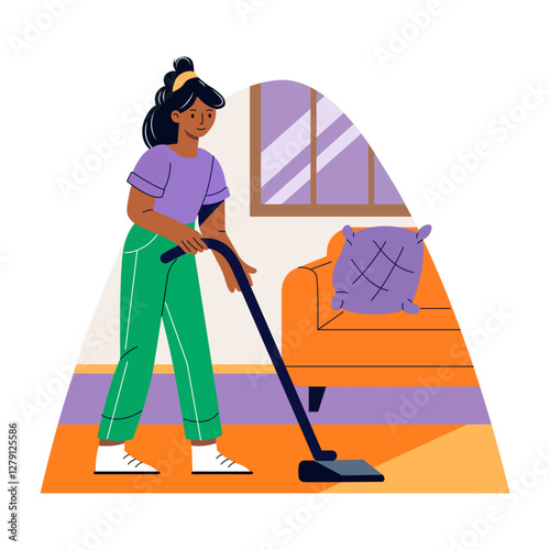 A girl cleaning house with vacuum cleaner, flat style illustration