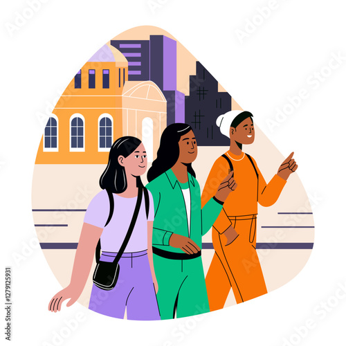 Female friends travelling together, flat style illustration