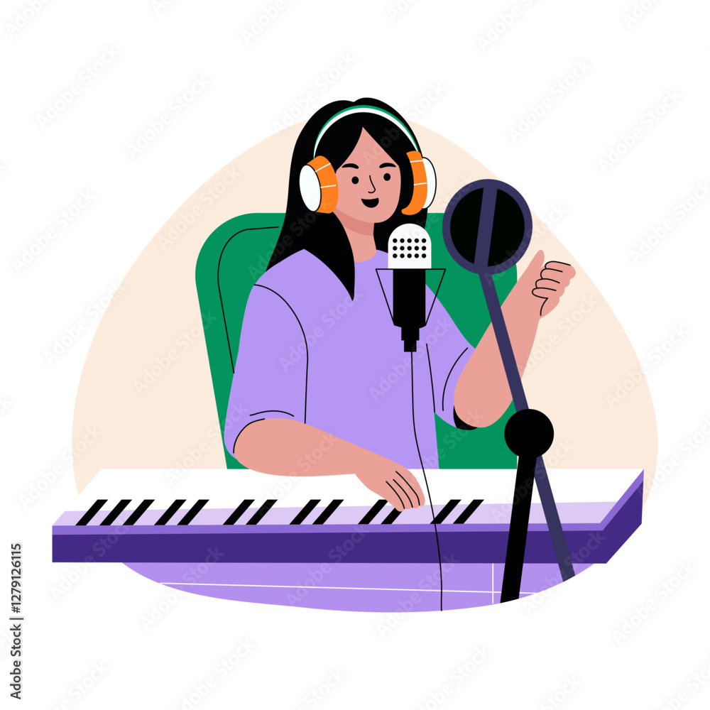 A flat illustration of a girl doing podcast