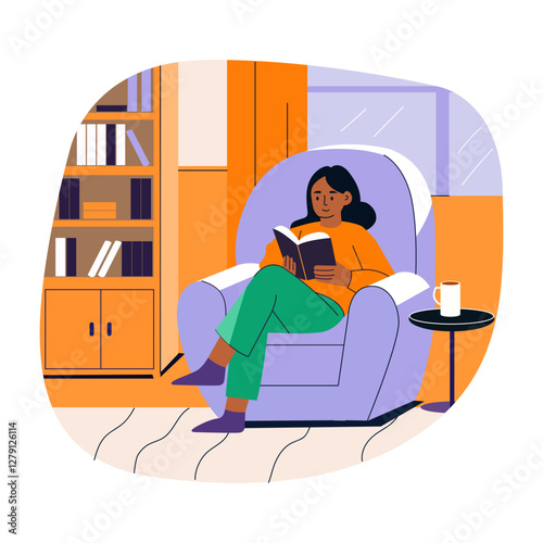 A flat illustration of a girl reading a book