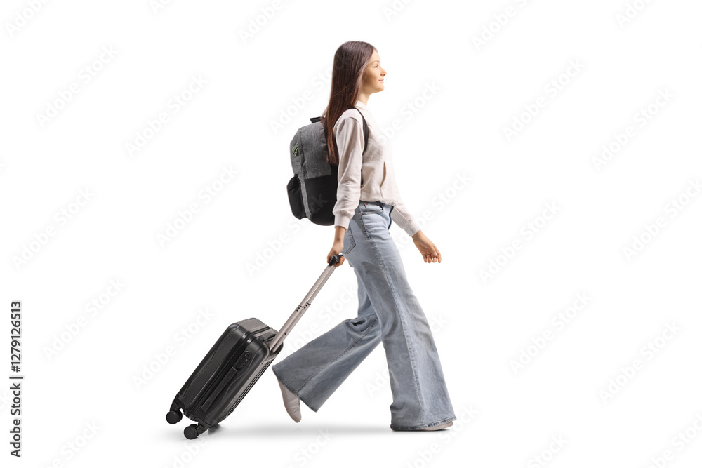 Full length profile shot of a teenage girl walking and pulling a suitcase Full length profile shot of a teenage girl walking and pulling a suitcase