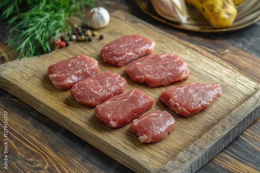 Raw beef filet mignon steaks with rosemary, pepper and salt on wooden board Raw beef filet mignon steaks with rosemary, pepper and salt on wooden board