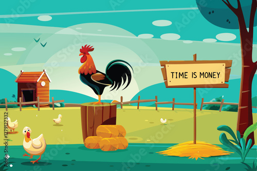 A vibrant sunrise illuminates a barnyard scene where a proud rooster crows loudly, awakening a collection of sleepy farm animals.