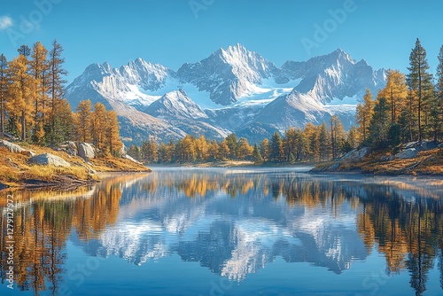 Autumnal Mountain Lake Reflecting Snowy Peaks