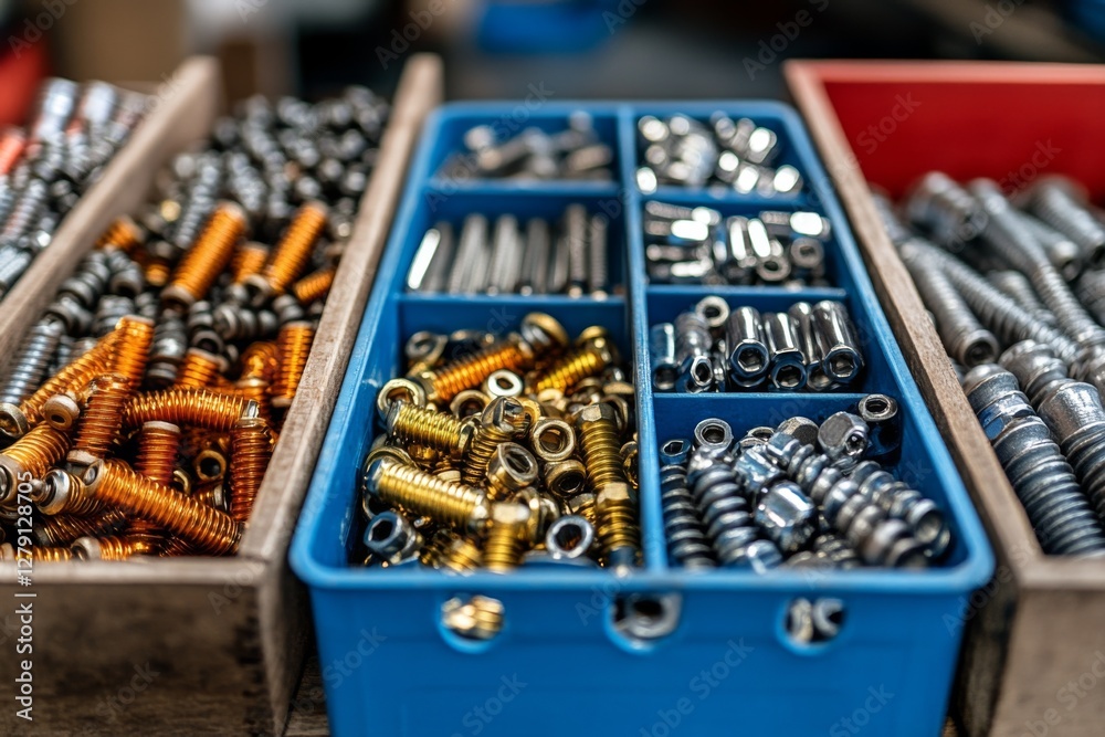 Open toolbox filled with various screws bolts and metal hardware pieces Open toolbox filled with various screws bolts and metal hardware pieces