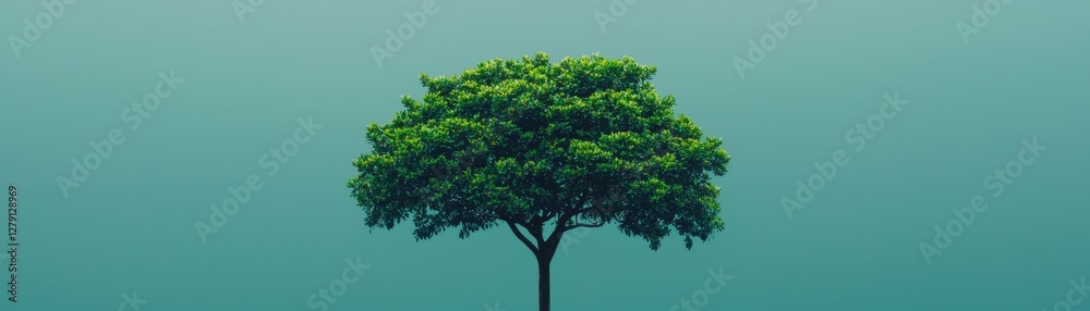 Obraz premium Lush Green Tree with Vibrant Foliage Against a Soft Turquoise Background for Nature Inspired Design Concepts
